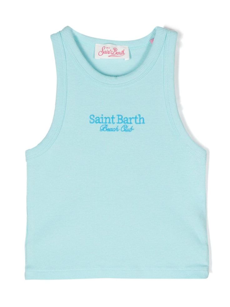 light blue cotton blend stretch-design fine ribbed embroidered logo to the front round neck sleeveless straight hem Summer Cotton Tops With Embroidered Logo, Summer Cotton Top With Embroidered Logo, Embroidered Logo Tops For Summer, Fitted Cotton Tank Top With Logo Print, Blue Casual Top With Embroidered Logo, Casual Blue Tops With Embroidered Logo, Casual Blue Top With Embroidered Logo, Fitted Casual Tops With Embroidered Logo, Light Blue Fitted Cotton Tank Top