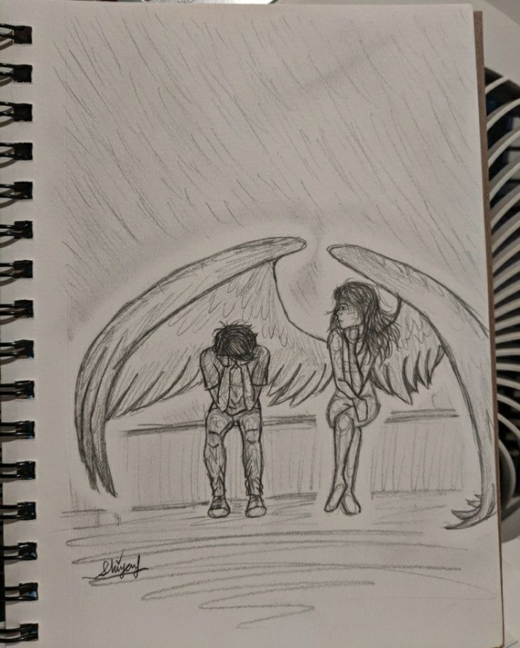 a drawing of two people standing next to each other with wings on their back,