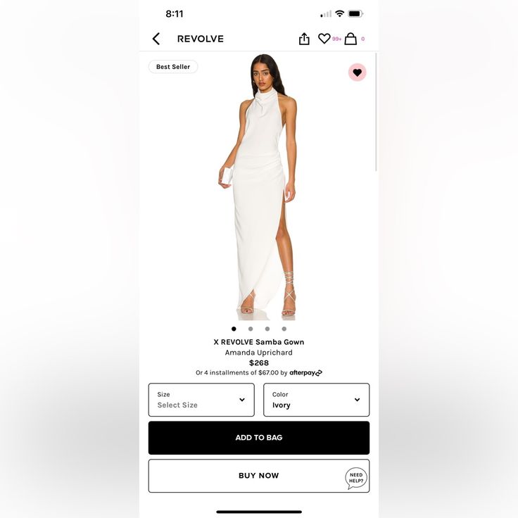 a white dress is displayed on the app