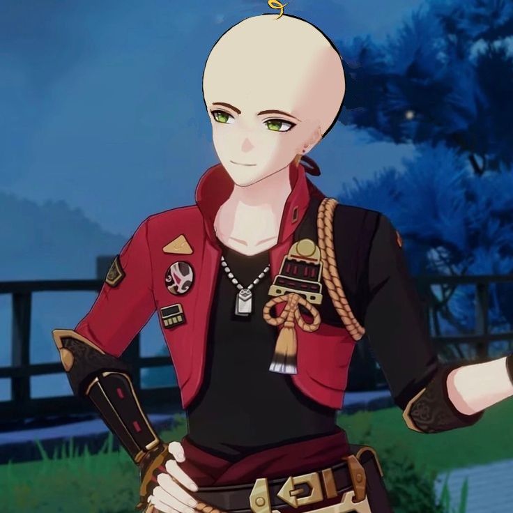 an anime character with white hair and green eyes, wearing a red jacket while standing in front of a fence