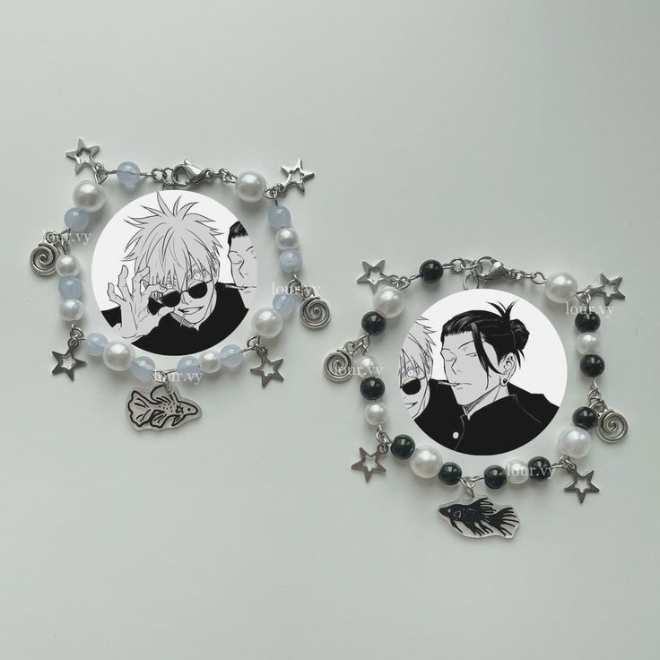 gojo satoru & geto suguru matching bracelets, the marauders made with stainless steel ! 17.5 cm + 2.5 cm to adjust the lengh customs open ! dm me on the instagram to order a custom Anime Beaded Bracelets, Satosugu Bracelet, Gojo Bracelet, Jjk Bracelet, Bracelet Ideas For Boys, Pulseras Ideas, Bracelet For Boys, Satoru Suguru, Pulseras Kandi