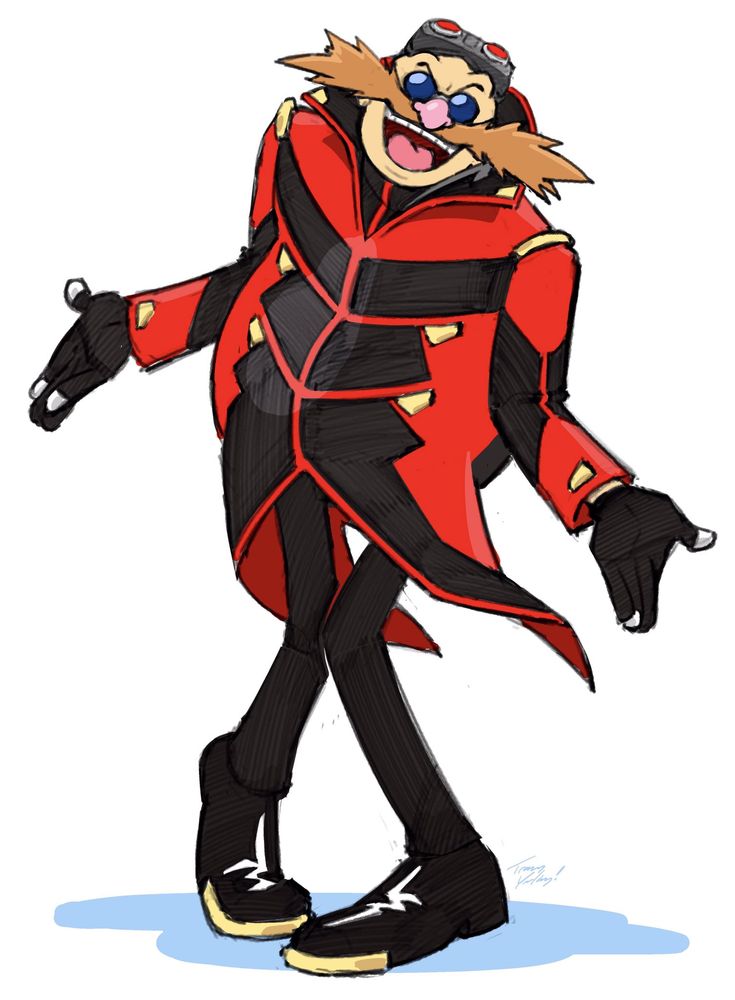 a drawing of a cat in a red and black suit with his hands out to the side