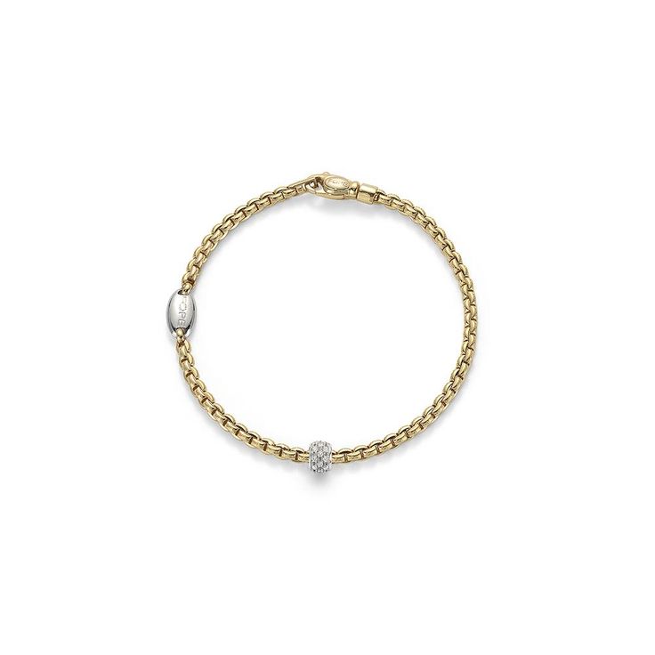 This delicate Yellow gold bracelet from Fope features an Eka style link and is finished with a mini white gold rondel encrusted with pave’ set diamonds. Luxury White Gold Bracelet With Pave Setting, Luxury White Gold Chain Bracelet With Pave Setting, Elegant Diamond Chain Bracelet With Pave Setting, Elegant Diamond Chain Bracelet With Pavé Setting, Timeless Diamond White Bracelet With Pave Setting, Elegant Round Chain Bracelet With Pave Setting, Classic Diamond Chain Bracelet With Pave Setting, Yellow Gold Chain Bracelet With Pave Setting, Fine Jewelry White Gold Bracelet With Pave Setting