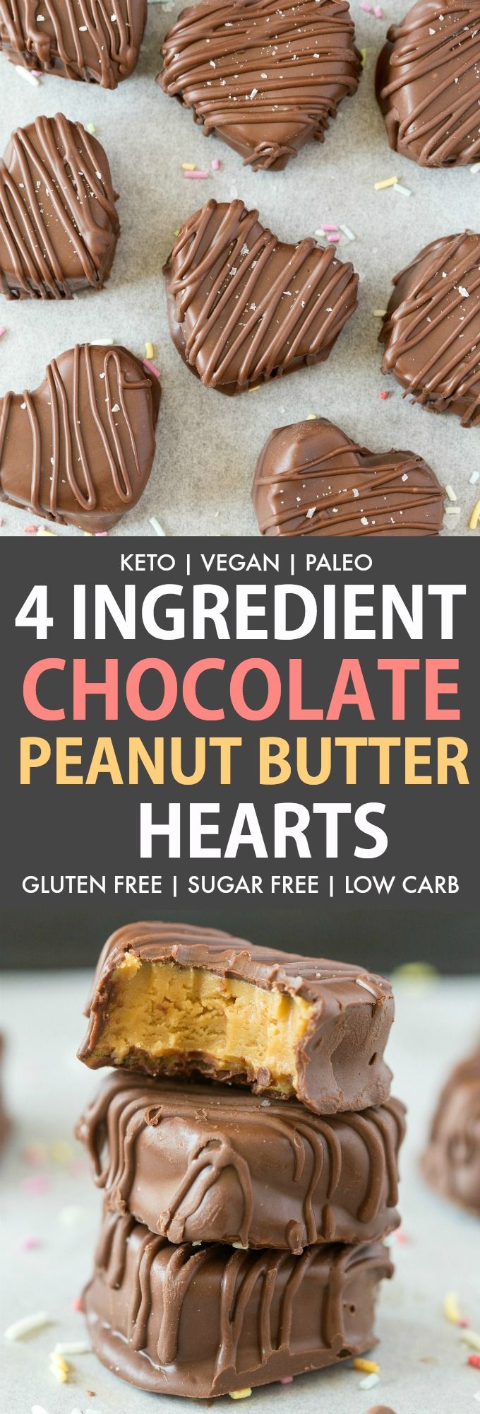 chocolate peanut butter hearts are stacked on top of each other with the words, 4 ingredient chocolate peanut butter hearts