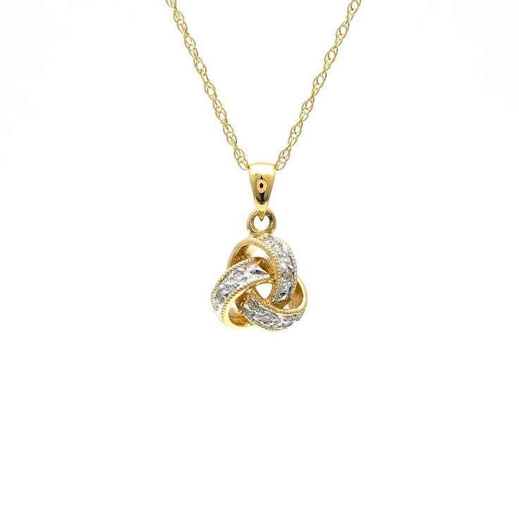 14 Karat Gold Love Knot Pendant Necklace Featuring 0.06 Carat Total Weight Round Diamonds of I1 Clarity and H/I Color. 16 Inches Long. Style KNOT. Available in white or yellow gold.