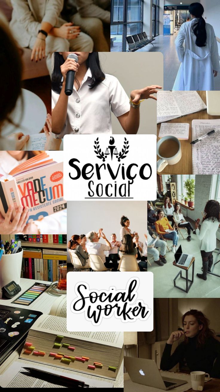 people are gathered together in an office and social media collage with the words service social written above them