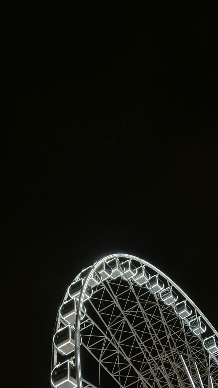 a ferris wheel lit up at night with the moon in the sky behind it and an airplane flying overhead