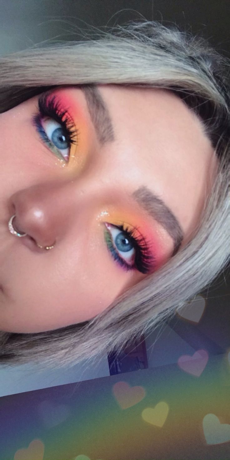 Simple Pride Make Up Looks, Simple Rainbow Eyeshadow, Pride Themed Makeup, Pride Rhinestone Makeup, Black And Rainbow Makeup, Pride Makeup Hooded Eyes, Easy Pride Makeup Ideas, Rainbow Costume Women, Pride Makeup Simple