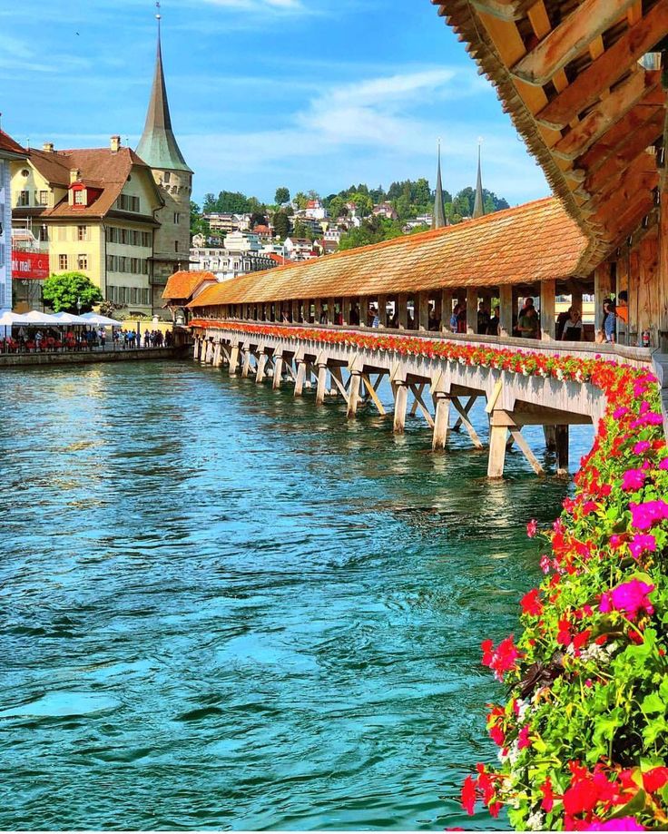 a bridge over water with flowers growing on the side and buildings in the back ground