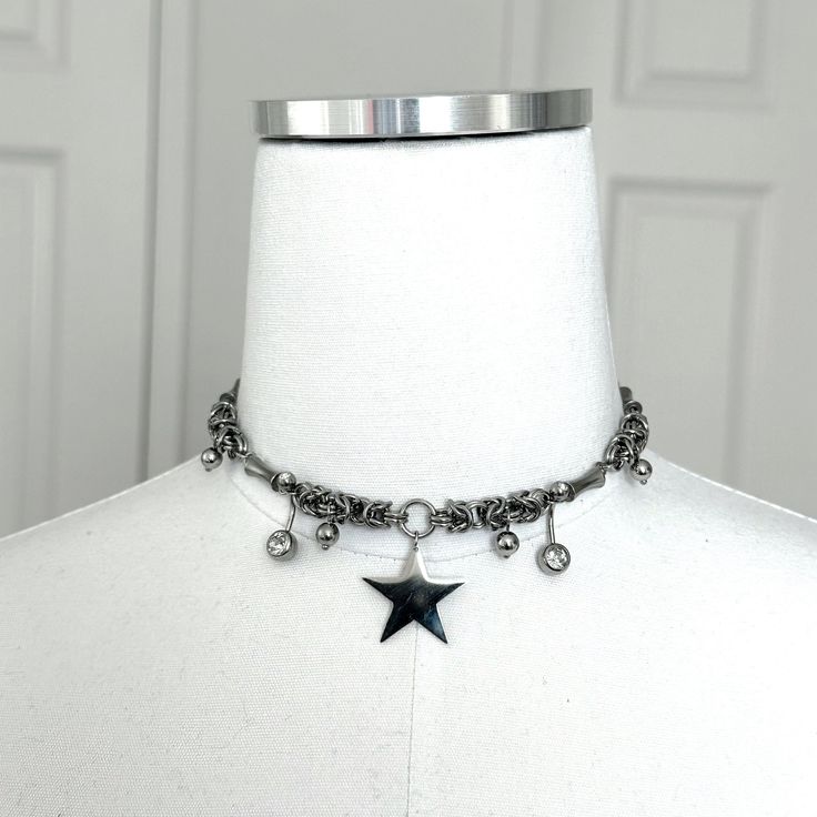 Made of Stainless steel ! Silver Dangle Chain Choker, Silver Metal Chain Necklace With Star Charm, Adjustable Gunmetal Edgy Jewelry, Edgy Gunmetal Jewelry With Adjustable Fit, Metal Charm Choker Necklace, Adjustable Stainless Steel Clavicle Chain Choker, Adjustable Stainless Steel Choker With Clavicle Chain, Adjustable Stainless Steel Silver Choker, Adjustable Silver Stainless Steel Choker