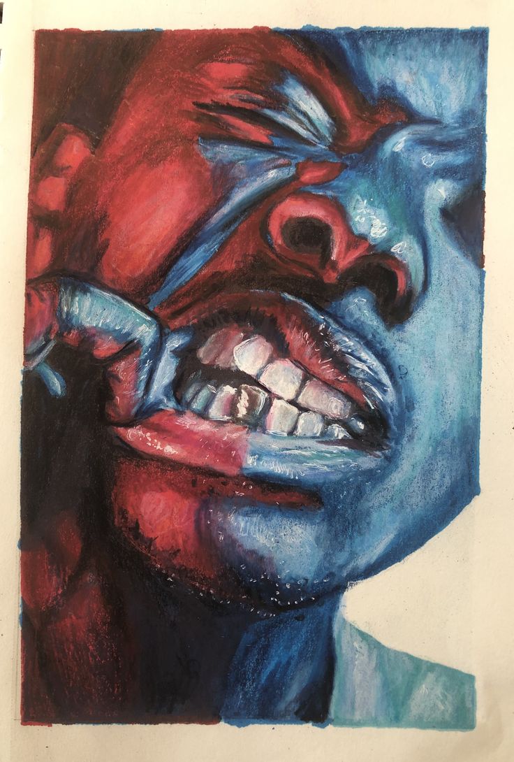 a drawing of a man with his mouth open and teeth painted red, white and blue