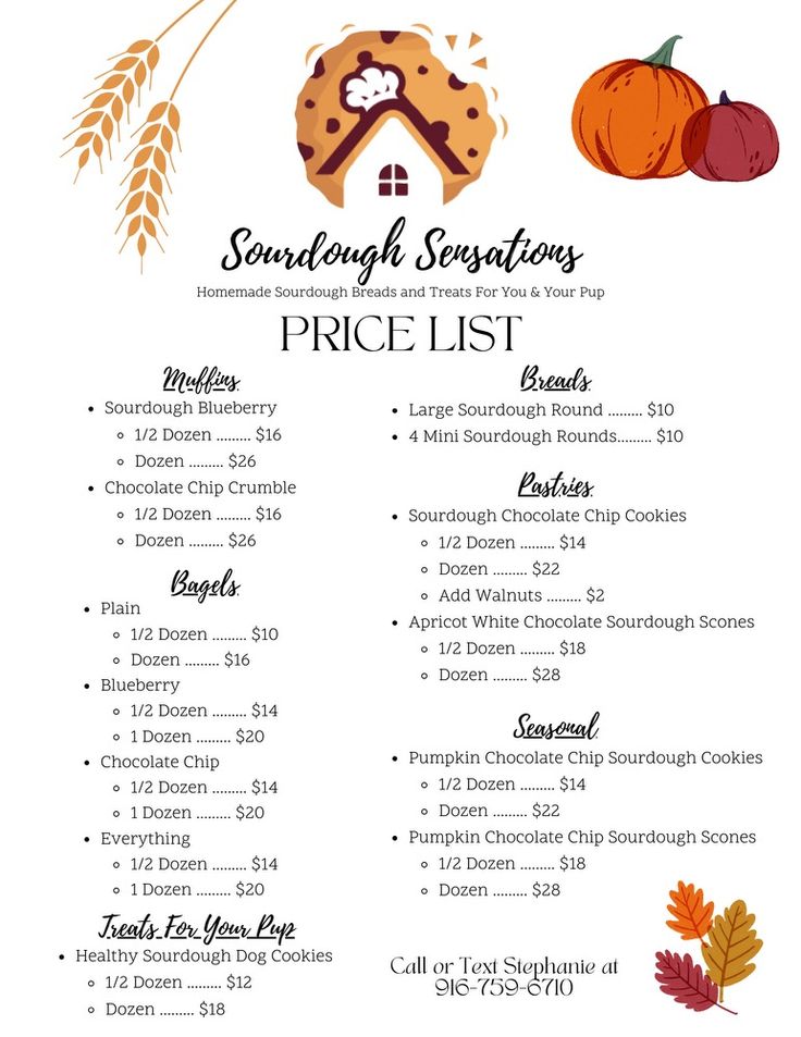 a price list with pumpkins and other autumn items on the front, including an image of a house