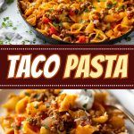 taco pasta in a skillet with the title overlaying it's image