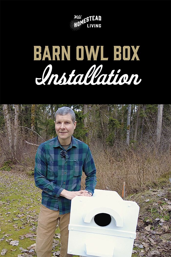 a man standing next to a large white box in the woods with text that reads barn owl box installation