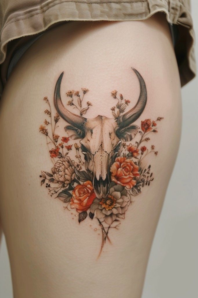 a woman's thigh with an animal skull and flowers on the side, in front of her