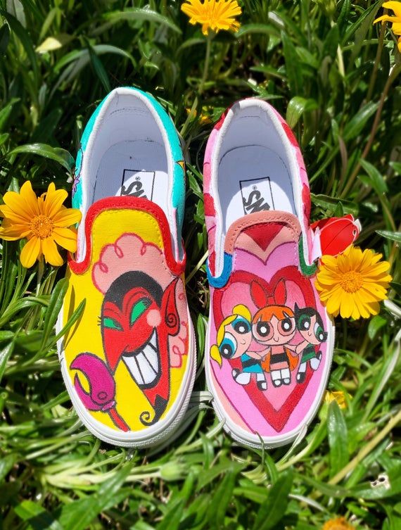 The powerpuff girls | Etsy Hand Painted Multicolor Custom Sneakers With Round Toe, Multicolor Hand Painted Custom Sneakers With Round Toe, Fun Multicolor Hand Painted Sneakers, Hand Painted Multicolor Fun Sneakers, Artistic Pink Round Toe Sneakers, Artistic Pink Sneakers With Round Toe, Artistic Hand-painted Slip-on Sneakers, Multicolor Hand Painted Slip-on Sneakers, Hand Painted Pink Custom Sneakers With Round Toe