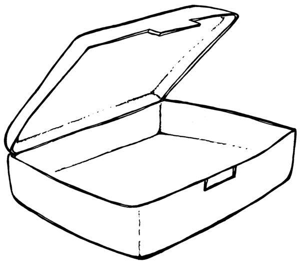 an open box is shown in black and white, with the lid opened to show it's inner compartment