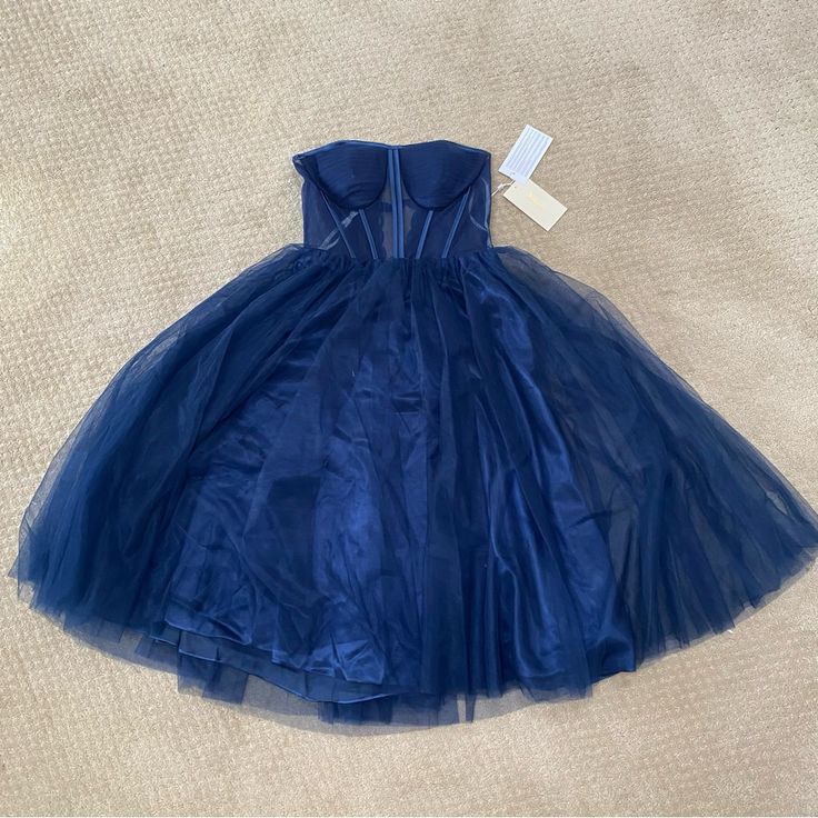 Navy Blue Strapless Dress With Tulle Skirt And Sheer Bodice. Bodice Has Boning And Cups. Skirt Is Tulle With A Silk Lining. Dress Is Tea Length. Size M. Nwt Lmk If You Have Any Questions! Navy Blue Tulle Dress, Navy Blue Strapless Dress, Dress With Tulle Skirt, Blue Tulle Dress, Dresses Navy Blue, Dress With Tulle, Blue Strapless Dress, Blue Tulle, Tea Length