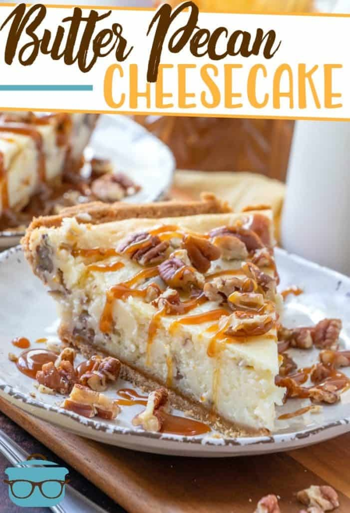 a slice of pecan cheesecake on a plate