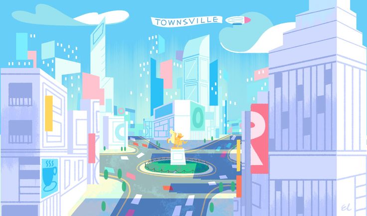 an illustration of a city street with tall buildings and a fountain in the middle that reads townville