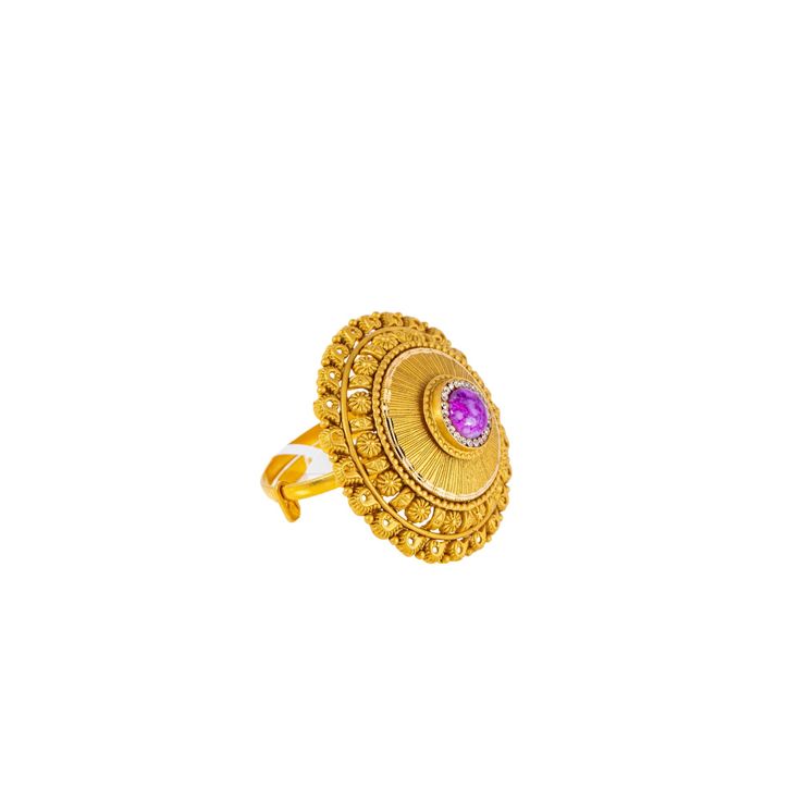 Adorn your hand with the splendor of this 22k antique gold cocktail ring by Virani Jewelers. Featuring intricate detailing and vibrant gemstones, this gold ring is a true work of art. Indulge in the beauty of fine gold jewelry and make a statement of sophistication with this stunning antique gold ring.Features• 22k yellow gold• Sapphire• Cubic zirconia• Antique finishSpecifications:• Minimum Width - 1.85 millimeters• Maximum Width - 28.35 millimeters• Length - 1 inch• Size - Adjustable• Weight - Yellow Gold Gemstone Ring In Temple Jewelry Style, Yellow Gold Gemstone Temple Jewelry Ring, Yellow Gold Gemstone Temple Ring, Yellow Gold Temple Jewelry Ring With Gemstone, Festive 22k Gold Ring Gift, Traditional Ruby Ring In Yellow Gold, Yellow Gold Temple Jewelry Rings For Formal Events, Gold Rings For Diwali Festival, Gold Temple Jewelry Rings For Diwali