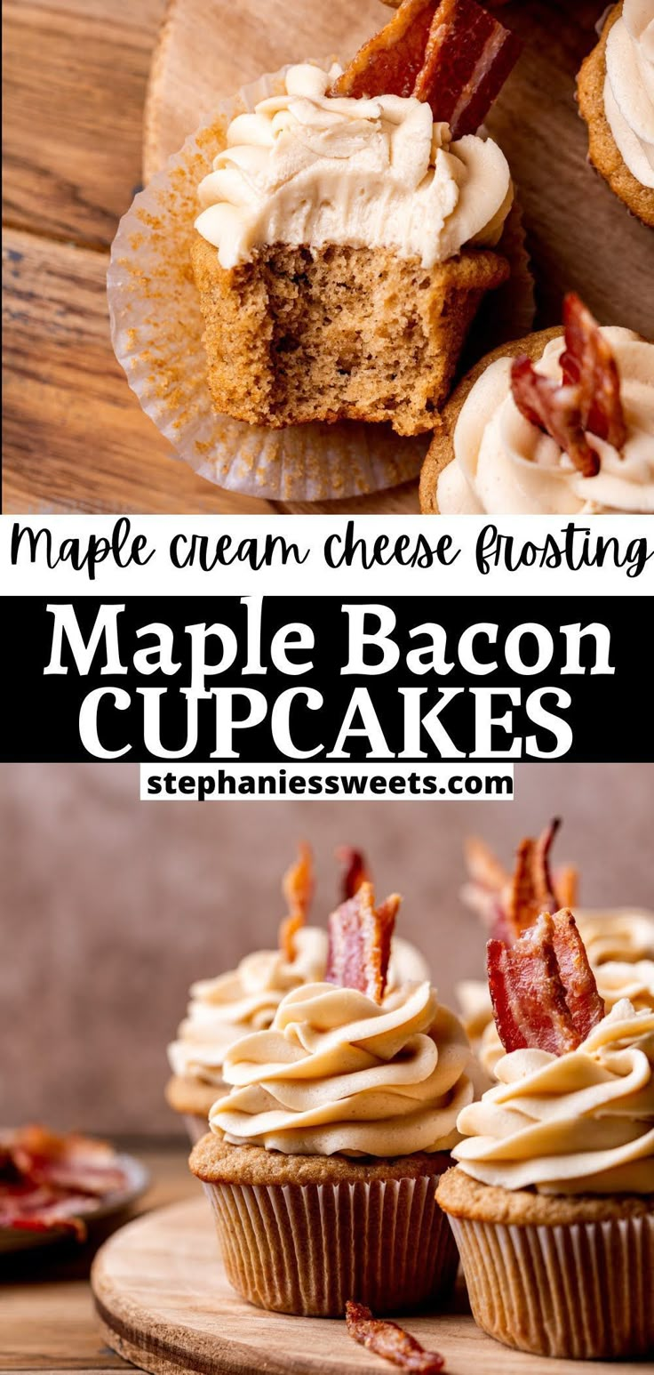 maple bacon cupcakes with maple cream cheese frosting on top and maple bacon in the middle