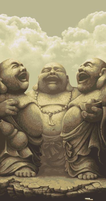 three laughing buddhas sitting in front of a cloudy sky with one holding his hands up