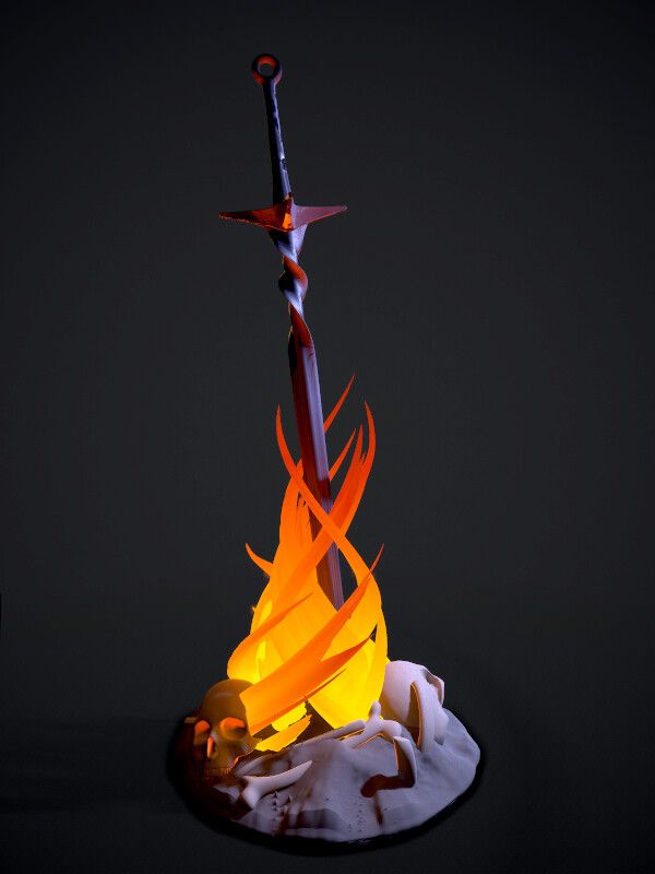 a burning object on a black surface with flames coming out of it and a knife sticking out of the top