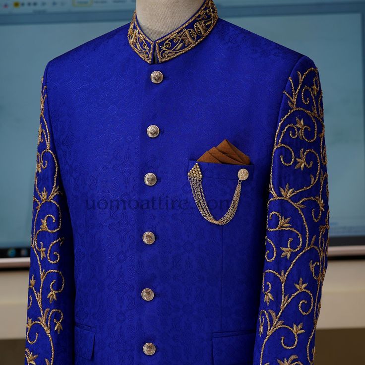 "Blue is the only color which maintains its own character in all its tones" so get customize this Uomo Attire's blue #prince #coat with full sleeve and ban embellishents for regal look at your big day. - Color is absolutely stunning, it's made to measure, so it's guaranteed to fit you perfectly. For online prices plz visit: https://uomoattire.com/ or ☎️ Call/WhatsApp on +92300-7668666 / 0300-7618666 Traditional Blue Sets With Embroidered Sleeves, Designer Long Sleeve Sherwani For Festivals, Designer Blue Bandhgala With Zari Work, Designer Long Sleeve Ceremonial Sets, Designer Blue Sherwani For Festivals, Designer Blue Nehru Jacket With Zari Work, Designer Blue Nehru Jacket With Intricate Embroidery, Designer Blue Nehru Jacket, Elegant Blue Designer Outerwear