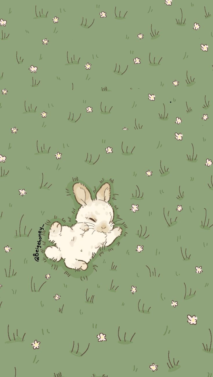 a white rabbit laying on its back in the grass with flowers around it and a green background