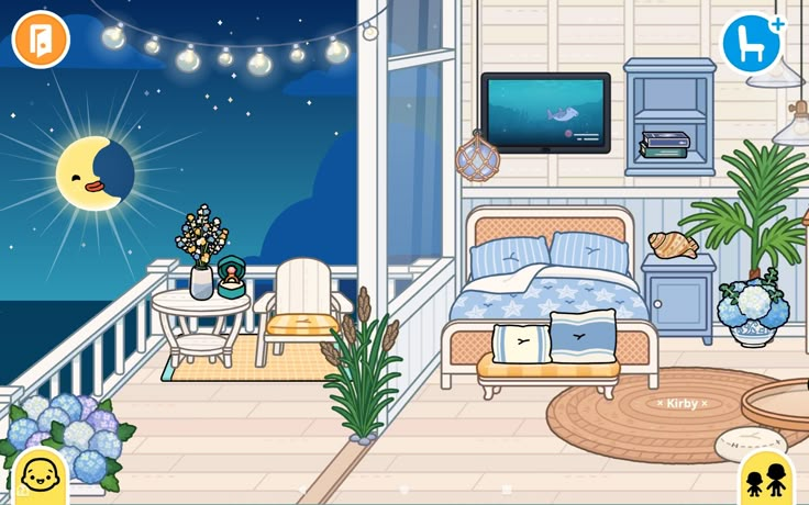 a cartoon bedroom with the sun shining in the window and furniture on the floor,