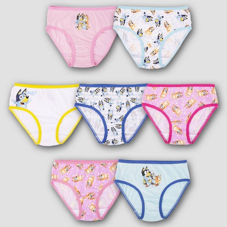 Your child will love adding a colorful update to their essentials drawer with this 7-Pack of Bluey Briefs. Made from 100% cotton, these regular-rise briefs offer them all-day comfort. Plus, they're designed with a full elastic waistband for a secure fit. This pack includes seven printed briefs, each featuring a different graphic featuring Bluey and Bingo to offer them a fun choice for each day of the week. Playful Multicolor Machine Washable Bottoms, Blue Bottoms For Playwear, Machine Washable, Blue Playwear Bottoms Machine Washable, Playful Cotton Bottoms Multi-pack, Machine Washable Cotton Bottoms For Playtime, Playful Multi-pack Bottoms, Playful Cotton Bottoms, Machine Washable, Playful Cotton Bottoms Machine Washable, Bluey And Bingo