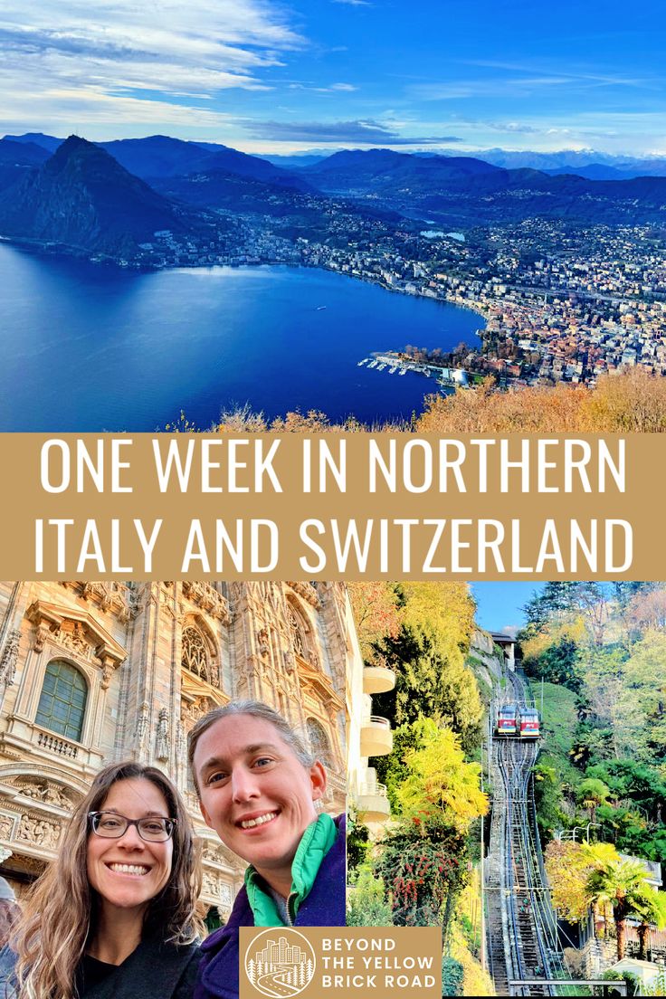 two people standing next to each other with the words one week in northern italy and switzerland