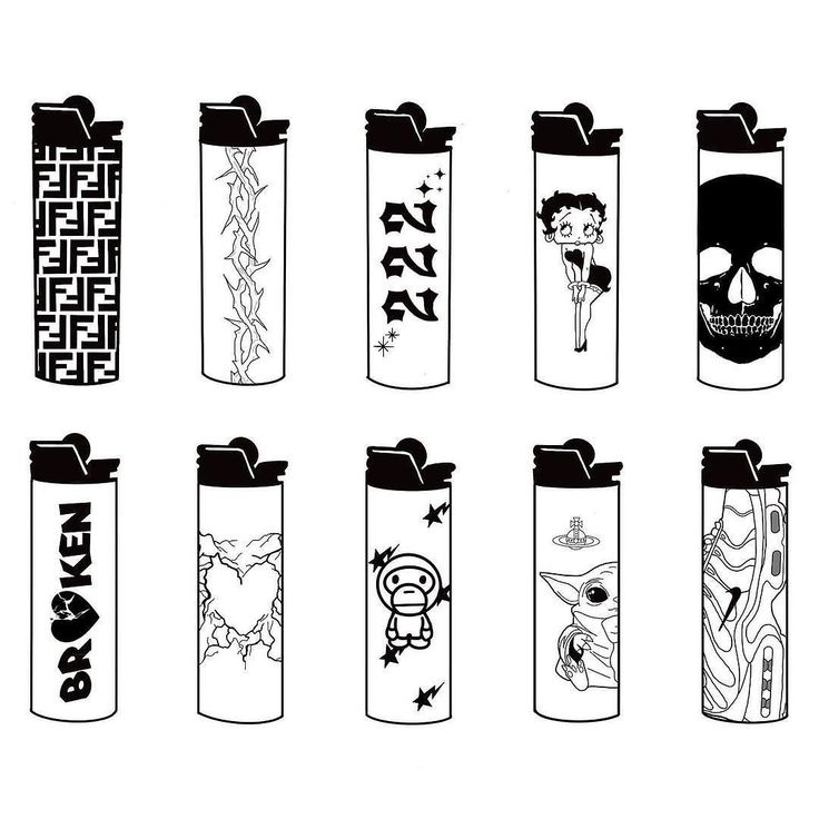 six different types of lighters with the same design on them, all in black and white