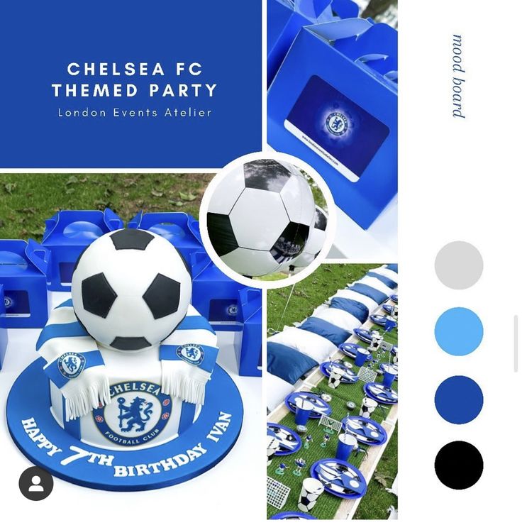 chelsea fc themed party with blue and white decorations, including a soccer ball on the table