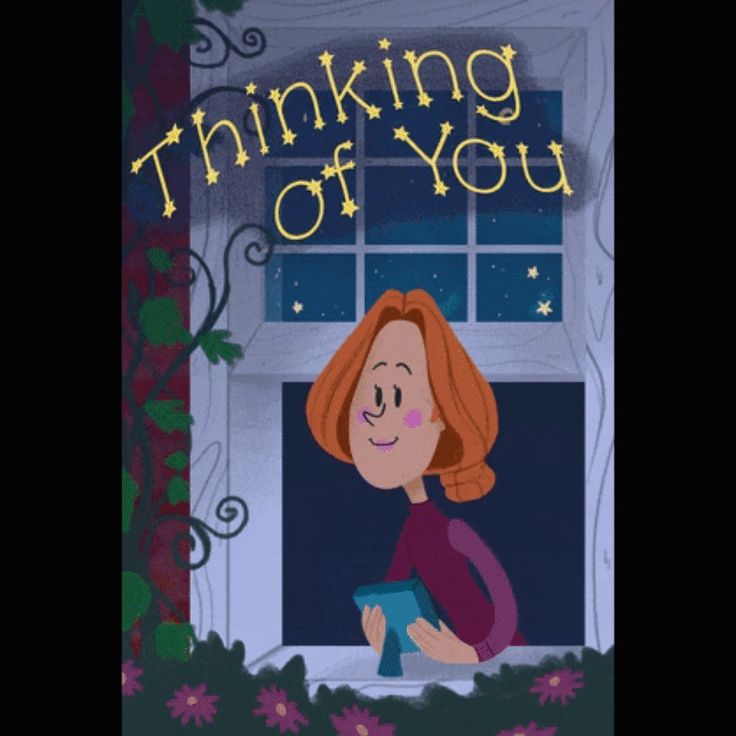 an animated image of a woman holding a tablet in front of a window with the words thinking of you written on it