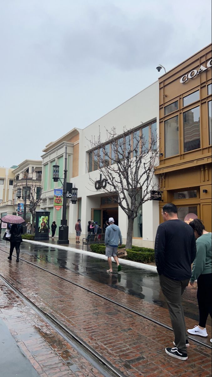 people are walking down the street in the rain