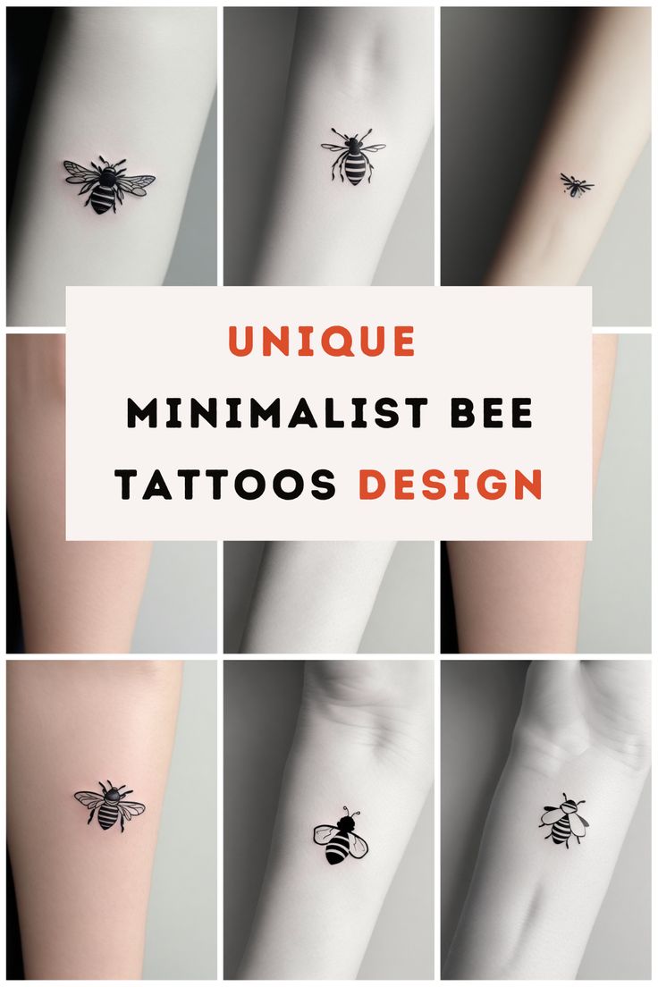 six different tattoos with the words unique minimalist bee tattoo design on them, all in black and white