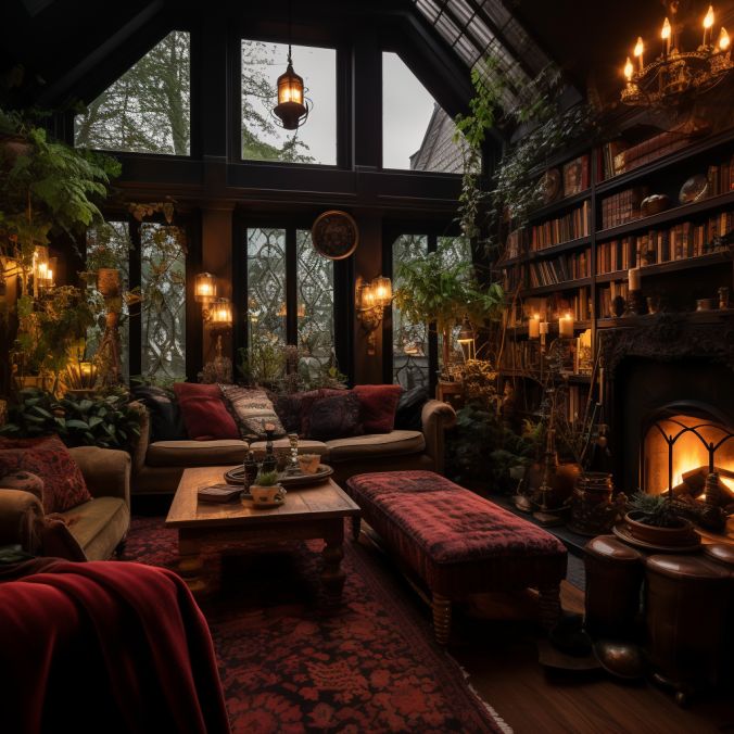 a living room filled with lots of furniture and a fire place in the middle of it