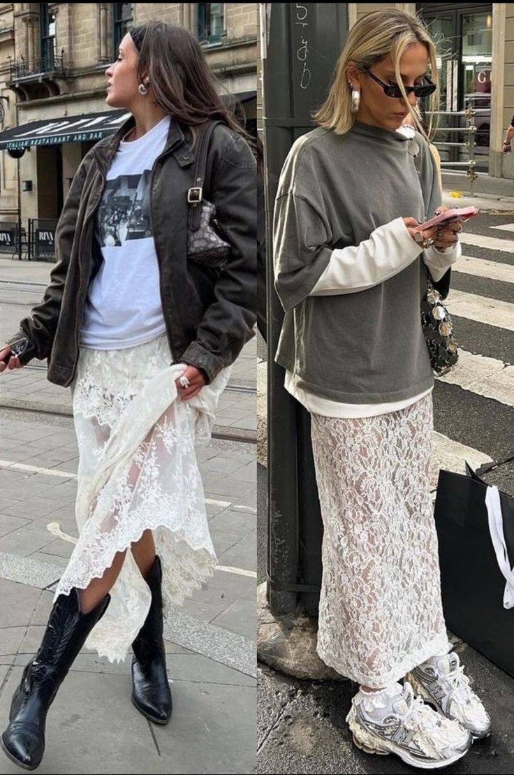 Lace Skirt Casual Outfit, Lace Skirt With Oversized T Shirt, Lace Skirt Winter Outfit, Lace Skirt Fall Outfit, Lace Casual Outfit, Lace Trim Skirt Outfit, Lace Skirt Street Style, Lace Dress Casual Outfit, Lace White Skirt Outfit