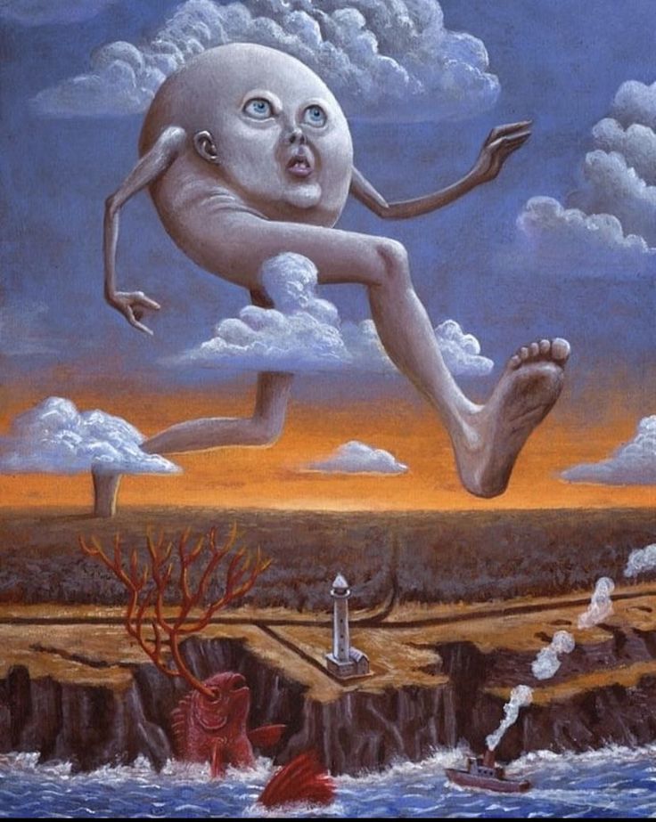 a painting of a person floating in the air over a body of water and land