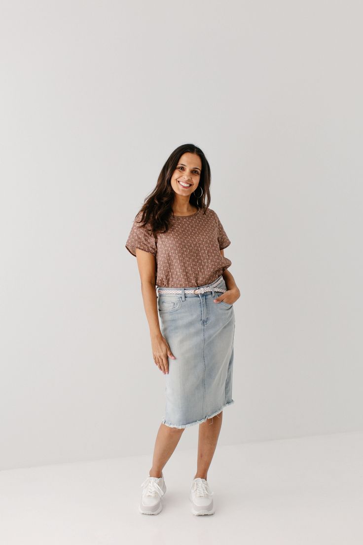 Light wash denim is a must have for any spring/summer wardrobe! Made from a soft and stretchy denim, this raw hem denim skirt is on trend! The knee length 'Lily' brings all the style and still keeps it classy with a flattering, modest fit! 97% Cotton/3% Spandex Wash Cold Gentle Cycle Hang to Dry Light Distressing Soft, Stretchy Denim Model Height 5'5" | Wearing Size 4 Wearing 'Maria' Floral Cotton Top & 'Lily' Light Denim Knee Length Skirt Please carefully measure a similar item before placing y Casual Medium Wash Denim Skirt For Spring, Casual Knee-length Denim Skirt, Spring Medium Wash Denim Skirt, Spring Medium Wash Knee-length Skirt, Casual Medium Wash Knee-length Denim Skirt, Relaxed Fit Denim Skirt For Summer, Casual Knee-length Medium Wash Denim Skirt, Spring Denim Skirt For Day Out, Spring Day Out Dark Wash Denim Skirt