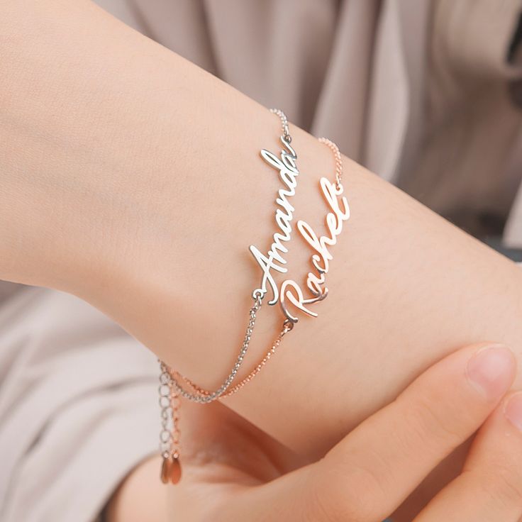 This Name Bracelet is perfect for everyday wear. Simply stylish and comfortable. Great for layering. Name Bracelet is available in silver, gold, and rose gold. Custom name necklace is very popular now as you can see it is dainty and small but shiny every girl will love this stunning bracelet with their name!! And it also will be very great gift for mom, daughter, girlfriend , niece , best friend... or for yourself. Our jewelry pieces come equipped with everything you need for gifting, a gift box Personalized Gold Bracelet, Bracelet Fancy, Nameplate Bracelet, Mom Gifts Jewelry, Bracelet Message, Sterling Silver Jewelry Handmade, Great Gifts For Mom, Mom Jewelry, Name Jewelry