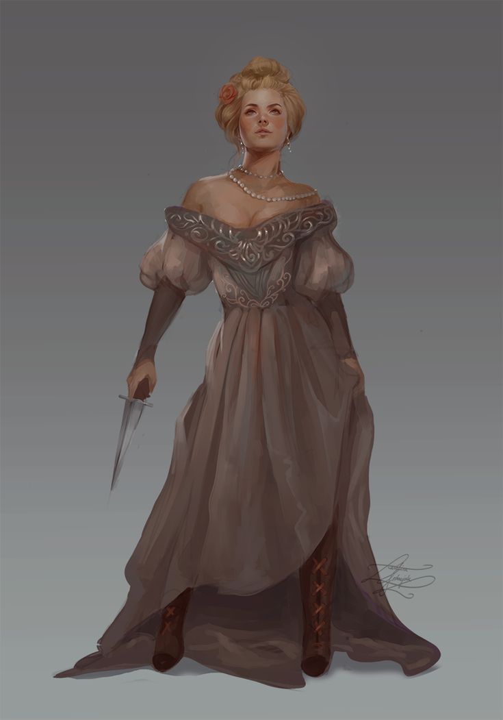 a woman in a long dress holding a knife