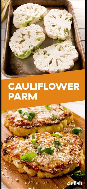 there are several different types of food on the table and in front of it is an orange sign that says cauliflower parm