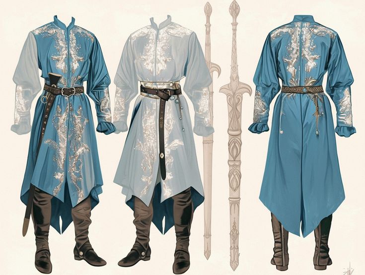 three different types of medieval clothing with swords in the back ground and on the front