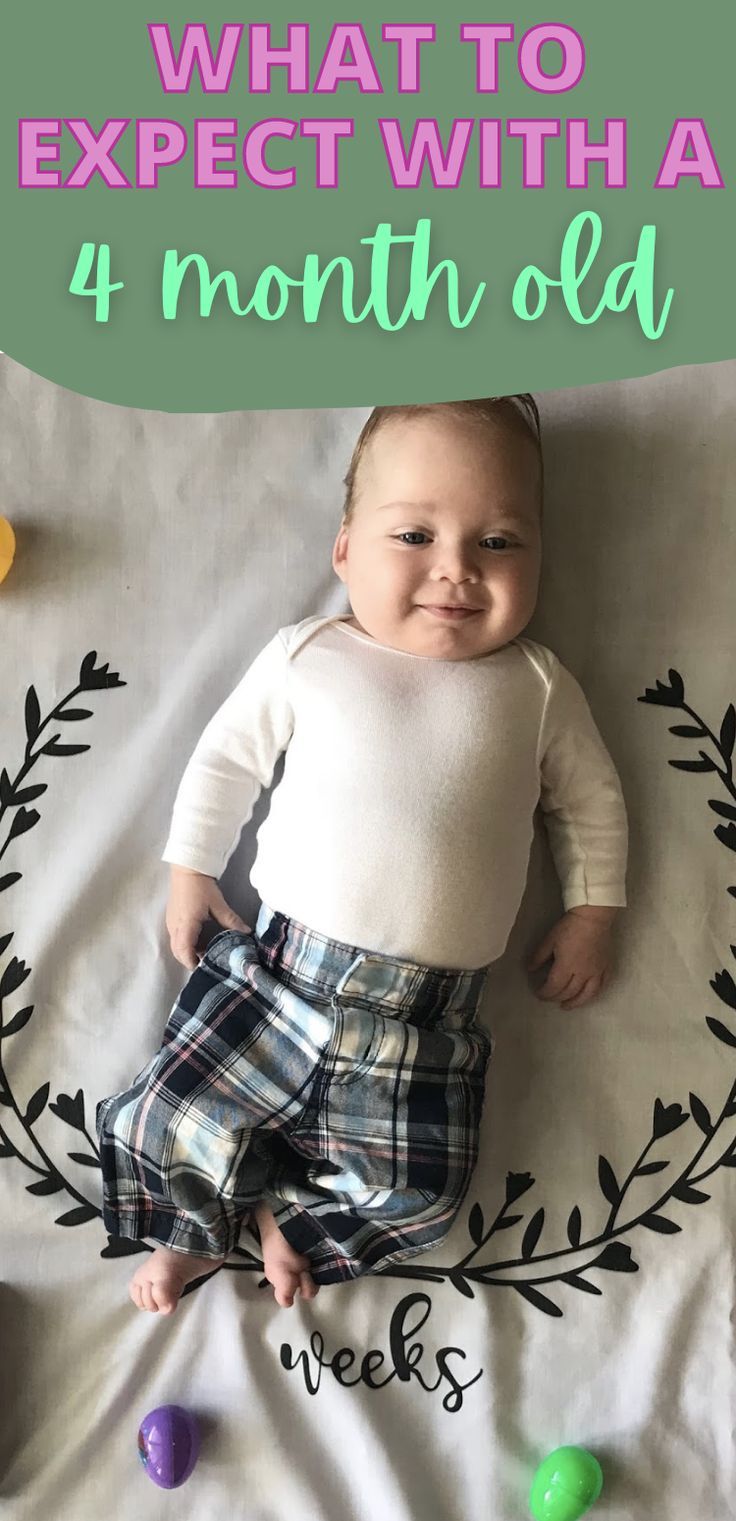 a baby laying on top of a bed next to an easter egg hunt sign with the words what to expect with a 4 month old