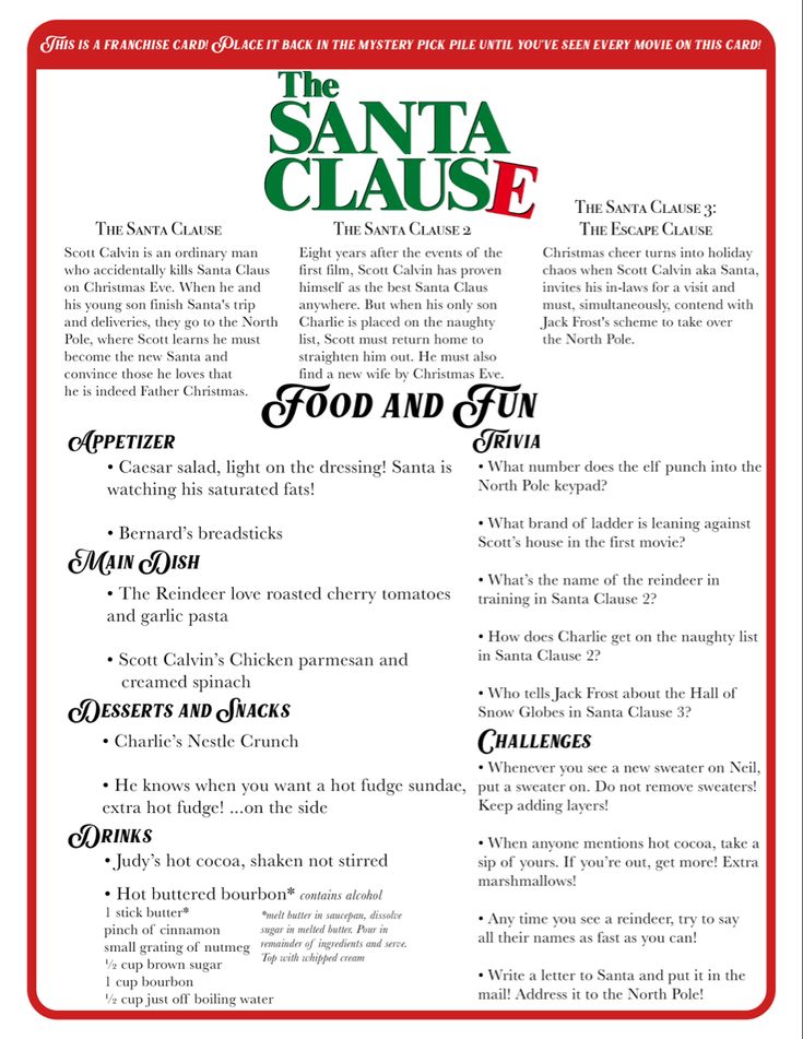 the menu for santa clause food and fun