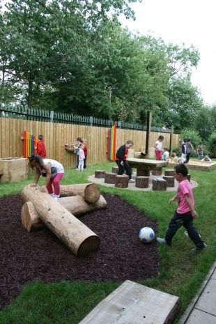 a group of children playing in a yard with logs and ball on the ground,