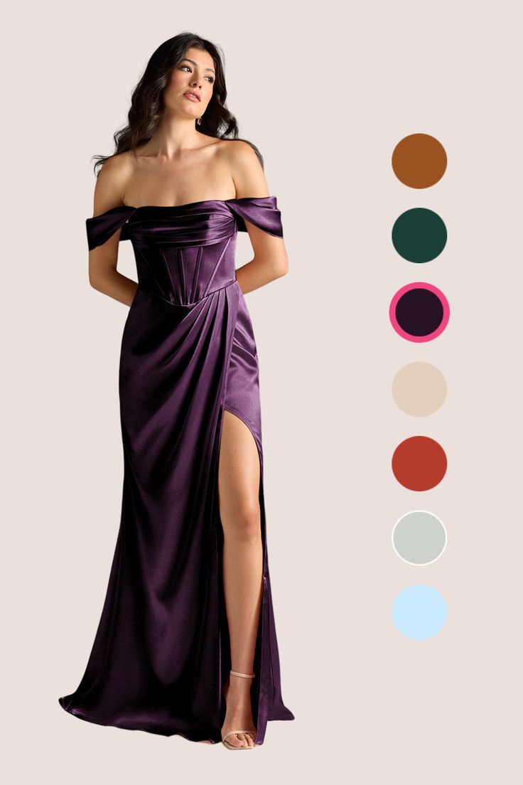 a woman in a long purple dress standing next to color swatches